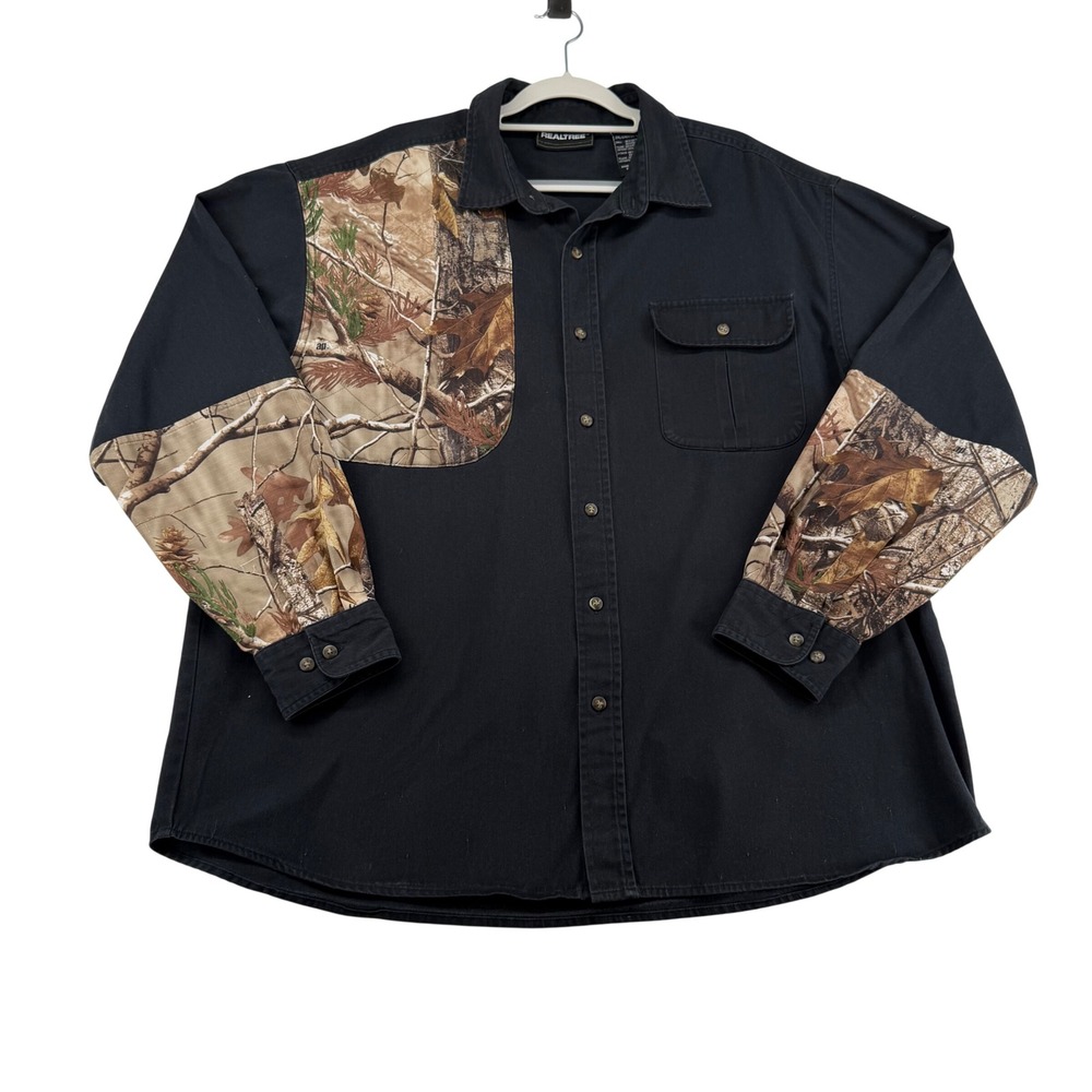 Realtree Mens 2XL Black AP HD Camo Ripstop Hunting Field Shirt Button Front